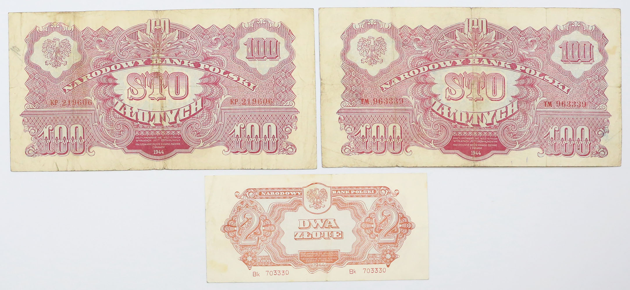 2 - 100 złotych 1944, zestaw 3 banknotów - RZADKIE